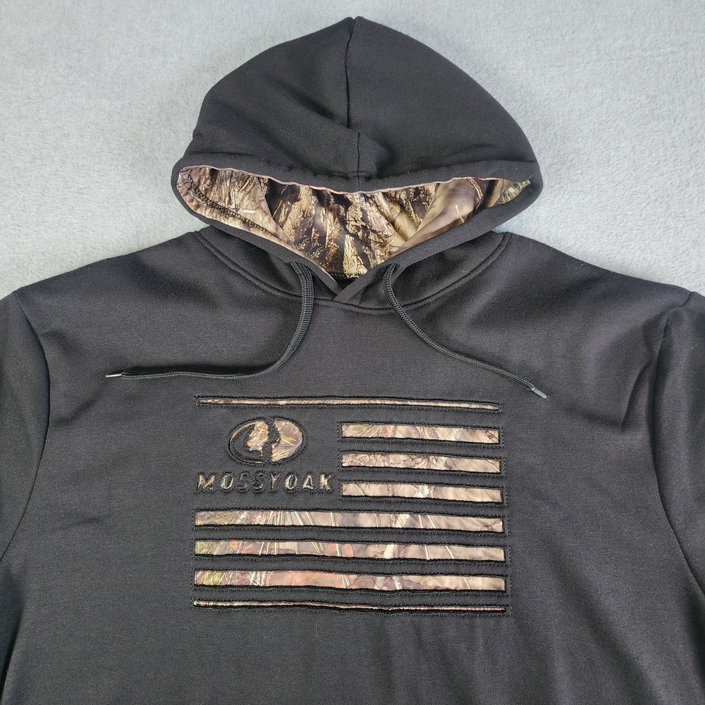 Mossy Oak Pullover Hoodie‎ Sweatshirt Men's XL Black Pocket Flag Camouflage